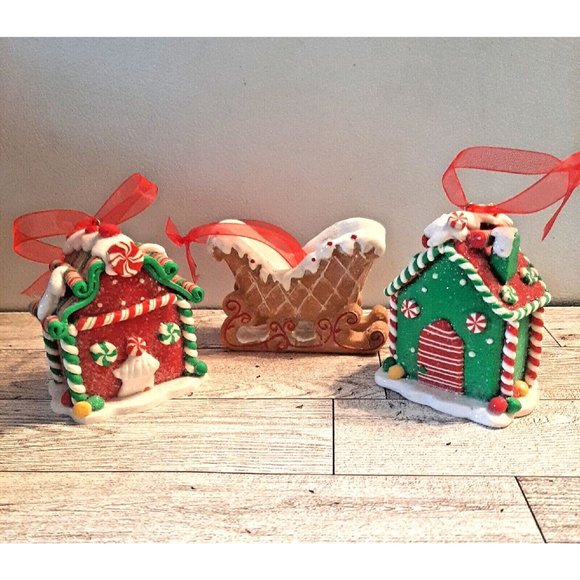 Set of 3 Sugared Christmas Ornaments Gingerbread Village Houses Sleigh Sparkly